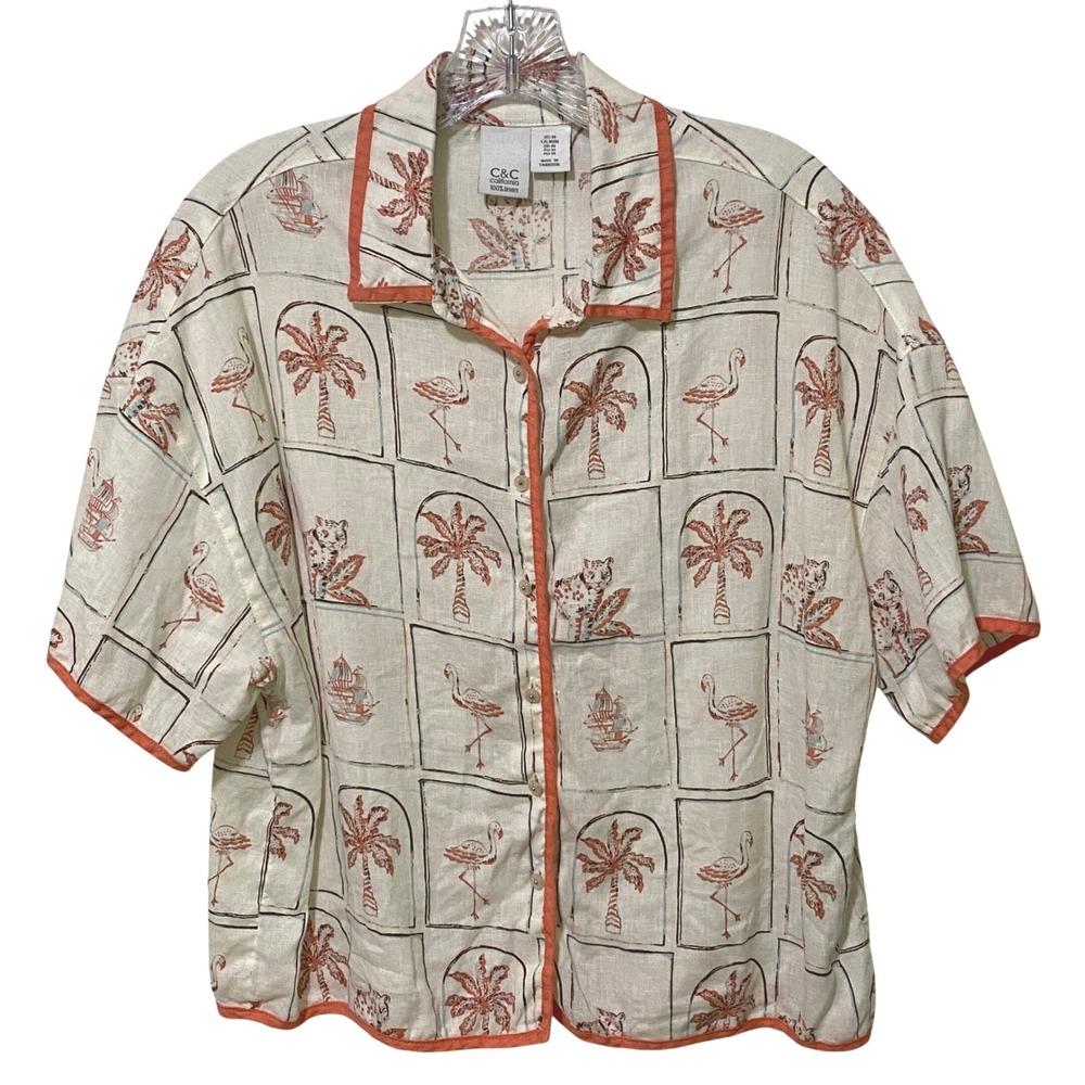 C&C California Linen Tropical Flamingo Button Camp Shirt Womens M Resort Cruise